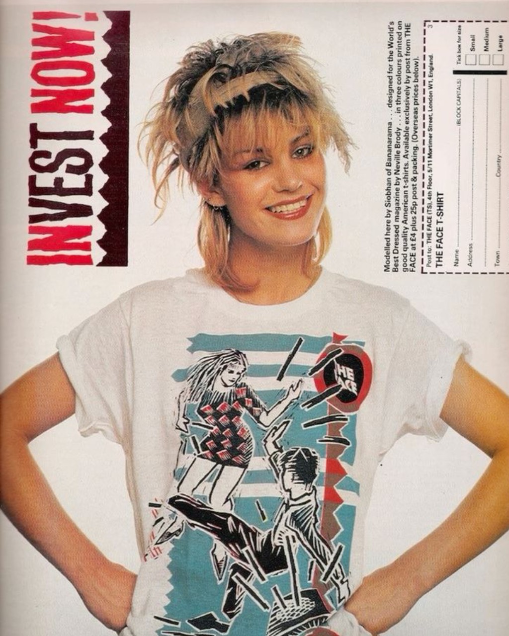 Siobhan Fahey of Bananarama modelling The Face T-Shirt 1982